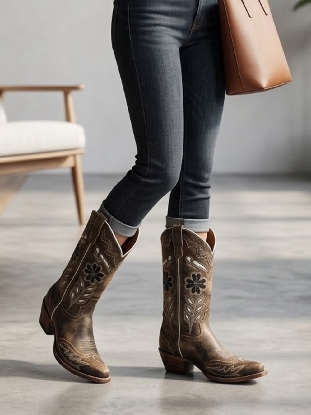 Laredo Brown and White Floral Cutout Western Boots